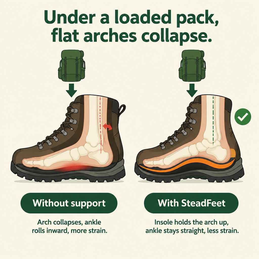 Under a loaded pack, flat arches collapse