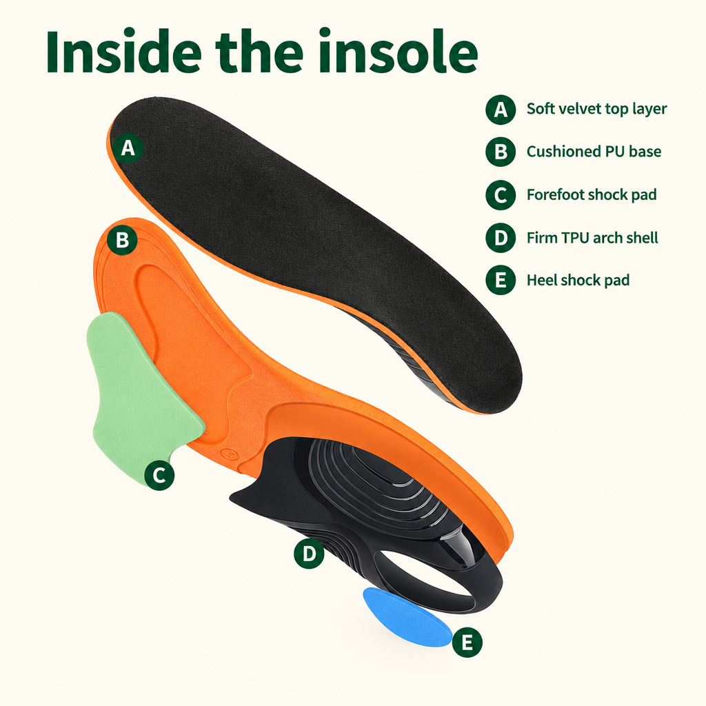 Inside the insole: five layers labeled A to E