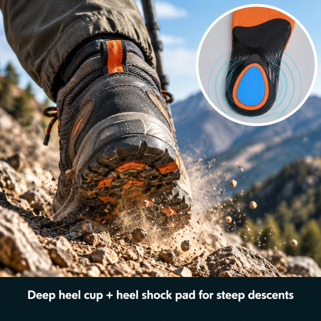 Deep heel cup and heel shock pad on a steep descent