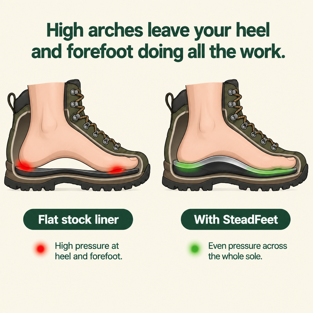 High arches overload the heel and forefoot