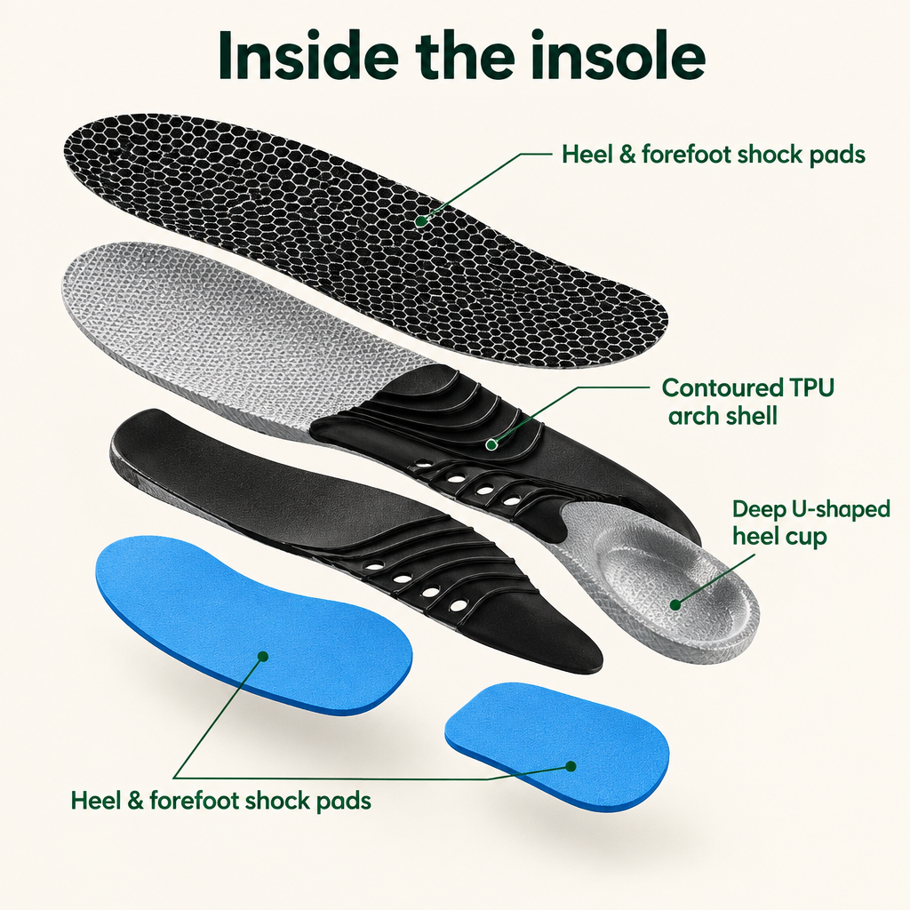 Inside the insole: arch shell, heel cup, shock pads