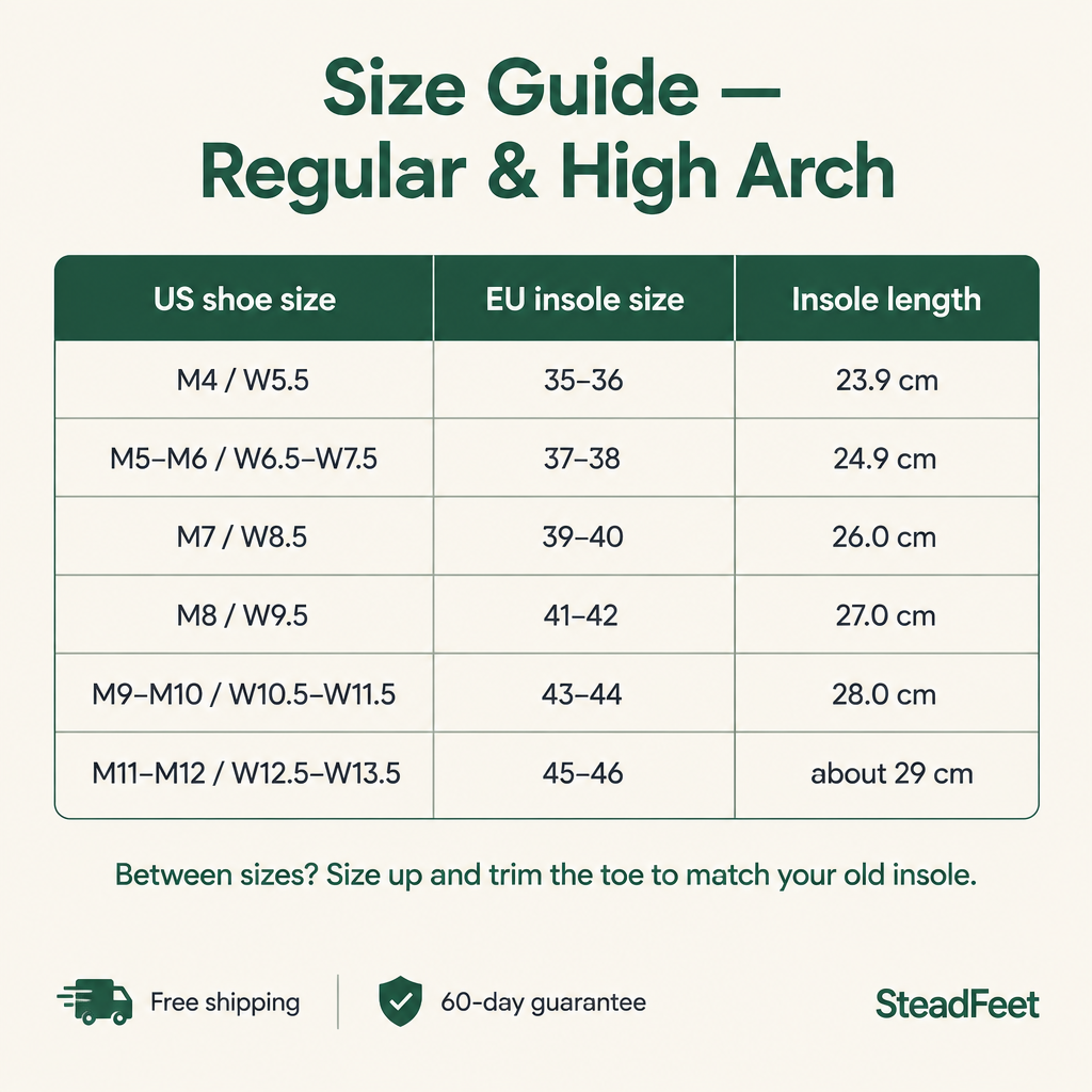 Size chart with free shipping and 60-day guarantee